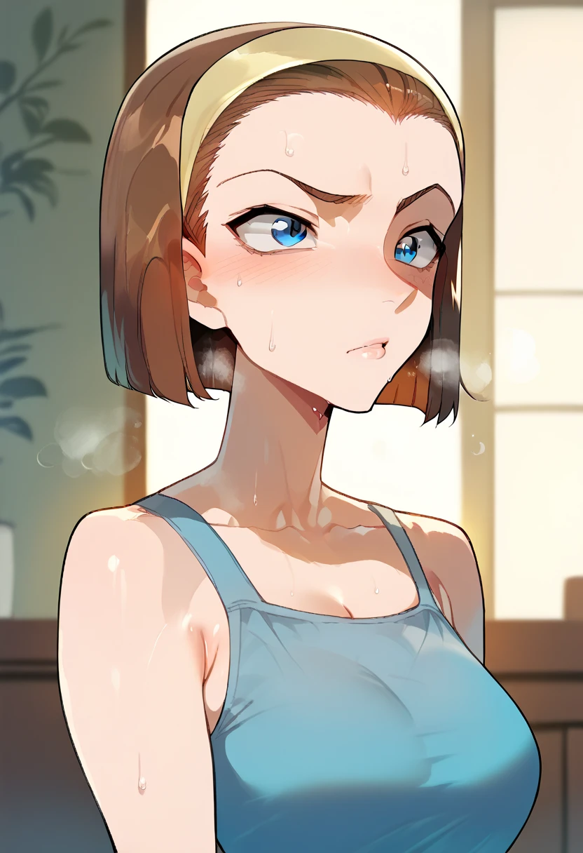 Hyper realistic, suzuki sonoko, short hair, brown hair, hairband, blue eyes, perfect face, perfect lighting,  , ,medium breasts, sweat,、ストライプ柄のビキニ