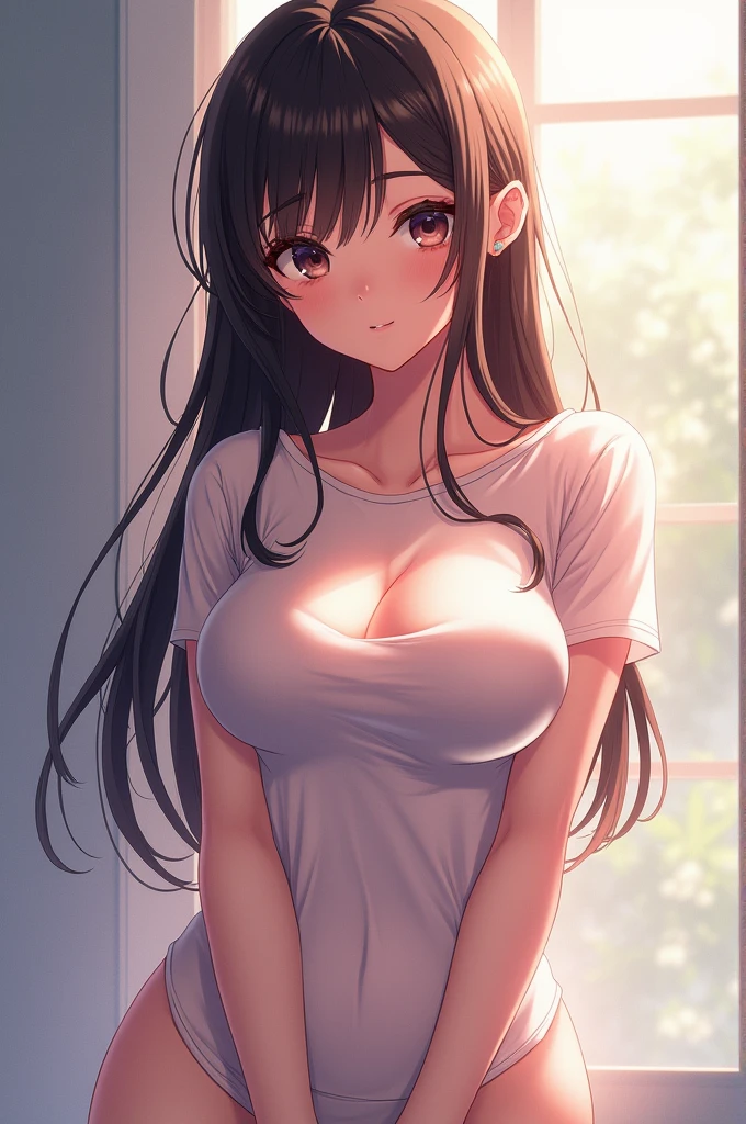 Semi-long black hair、a beauty girl、Brown eyes、pantiy、Plain white T-shirt、NSFW、Bedroom、kitchin、teats、