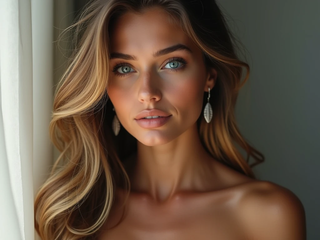 "Create an extremely realistic and vivid masterpiece of a divine entity. This entity is an ultra gorgeous 19-year-old woman with divine beauty.Blonde hair, She has perfectly symmetrical features, lifelike skin, and a slender, extremely attractive, and ripped body with very tiny tear drop shaped breasts. She is completely naked, posing in a mystical yet comfortable location. She has a perfect smile and a biting lip expression, seducing the viewer with her charm. Her makeup is beautifully done in a cat eye style. Her face is extremely detailed, with detailed eyes that have a deep gaze at the viewer, and full lips. The overall tone of the image should be enchanting."