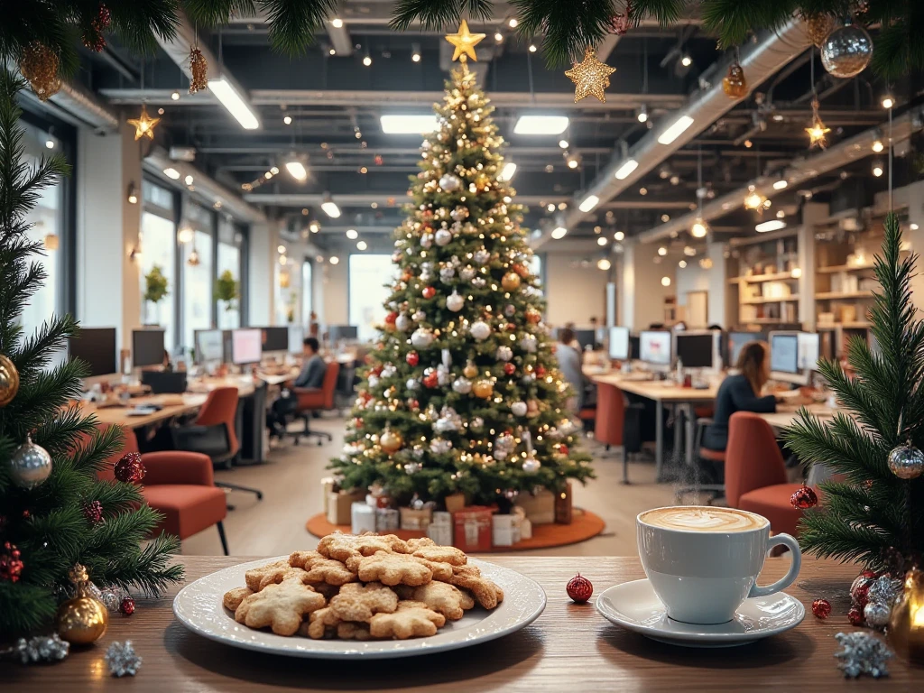 Panorama , High width ,  In the middle of a large office of an IT company ,  for Christmas decoration ,  there is a large Christmas tree ,  Decorated with orange orbs ,  white and silver ,  Holiday decorations such as garlands etc , wreath, Fairy lights ,  scattered some Christmas red and pine trees ,  Several workstations with laptops are visible ,  in the foreground a cozy rest area ， with comfortable armchair ,  A plate of Christmas cookies on the table ,  in a simple white cup Steamed coffee,  Warm and festive atmosphere ,  Very detailed and realistic ,  1024x1080 format , 300 resolution