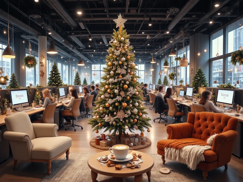 Panorama , High width ,  In the middle of a large office of an IT company ,  for Christmas decoration ,  there is a large Christmas tree ,  Decorated with orange orbs ,  white and silver ,  Holiday decorations such as garlands etc , wreath, Fairy lights ,  scattered some Christmas red and pine trees ,  Several workstations with laptops are visible ,  in the foreground a cozy rest area ， with comfortable armchair ,  A plate of Christmas cookies on the table ,  in a simple white cup Steamed coffee,  Warm and festive atmosphere ,  Very detailed and realistic ,  1024x1080 format , 300 resolution