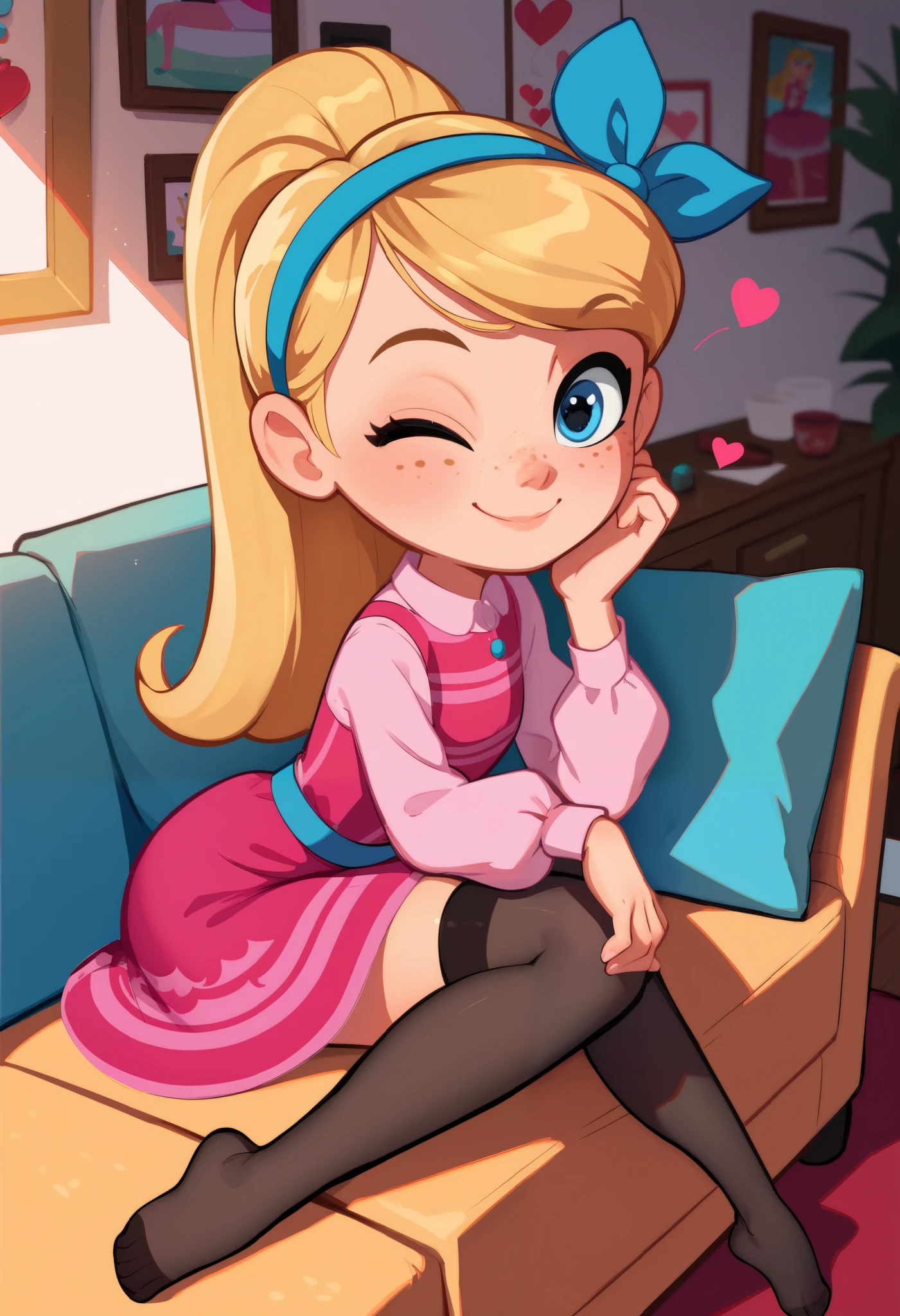 1girl, full body, solo, young girl, 9- year old, penny peterson, long hair, blue eyes, freckles, blonde hair, skirt, hairband, cyan ribbon, ponytail, black sexy stockings, flirty hips, dress, pink dress, long sleeves, no shoes, score_9, score_8_up, score_7_up, score_6_up, score_5_up, sitting, sofa, leaning forward, indoors, smile, cute smile, closed mouth, heart-warming, one eye closed, looking at viewer, soft lighting,
