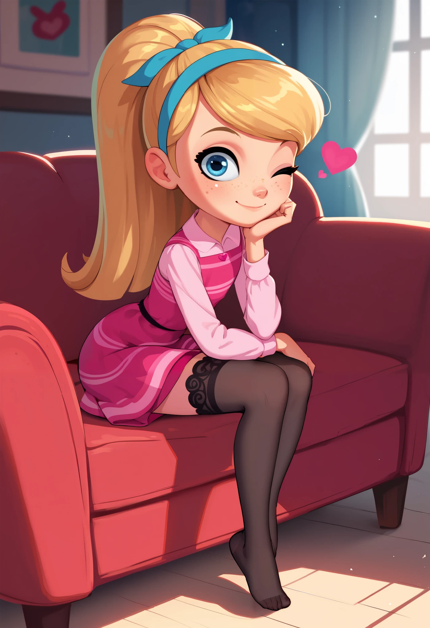 1girl, full body, solo, young girl, 9- year old, penny peterson, long hair, blue eyes, freckles, blonde hair, skirt, hairband, cyan ribbon, ponytail, black sexy stockings, flirty hips, dress, pink dress, long sleeves, no shoes, score_9, score_8_up, score_7_up, score_6_up, score_5_up, sitting, sofa, leaning forward, indoors, smile, cute smile, closed mouth, heart-warming, one eye closed, looking at viewer, soft lighting,
