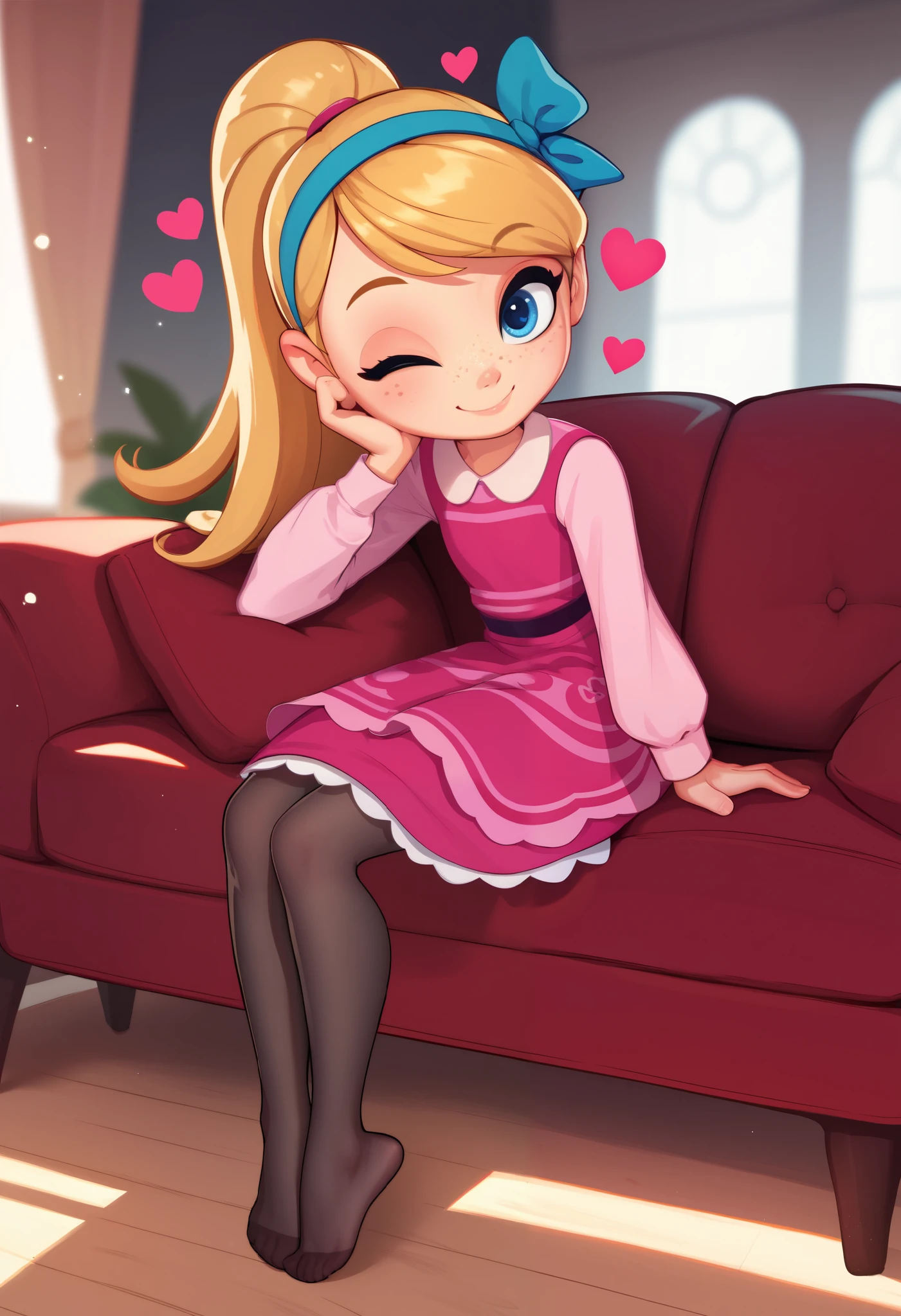 1girl, full body, solo, young girl, 9- year old, penny peterson, long hair, blue eyes, freckles, blonde hair, skirt, hairband, cyan ribbon, ponytail, black sexy stockings, flirty hips, dress, pink dress, long sleeves, no shoes, score_9, score_8_up, score_7_up, score_6_up, score_5_up, sitting, sofa, leaning forward, indoors, smile, cute smile, closed mouth, heart-warming, one eye closed, looking at viewer, soft lighting,
