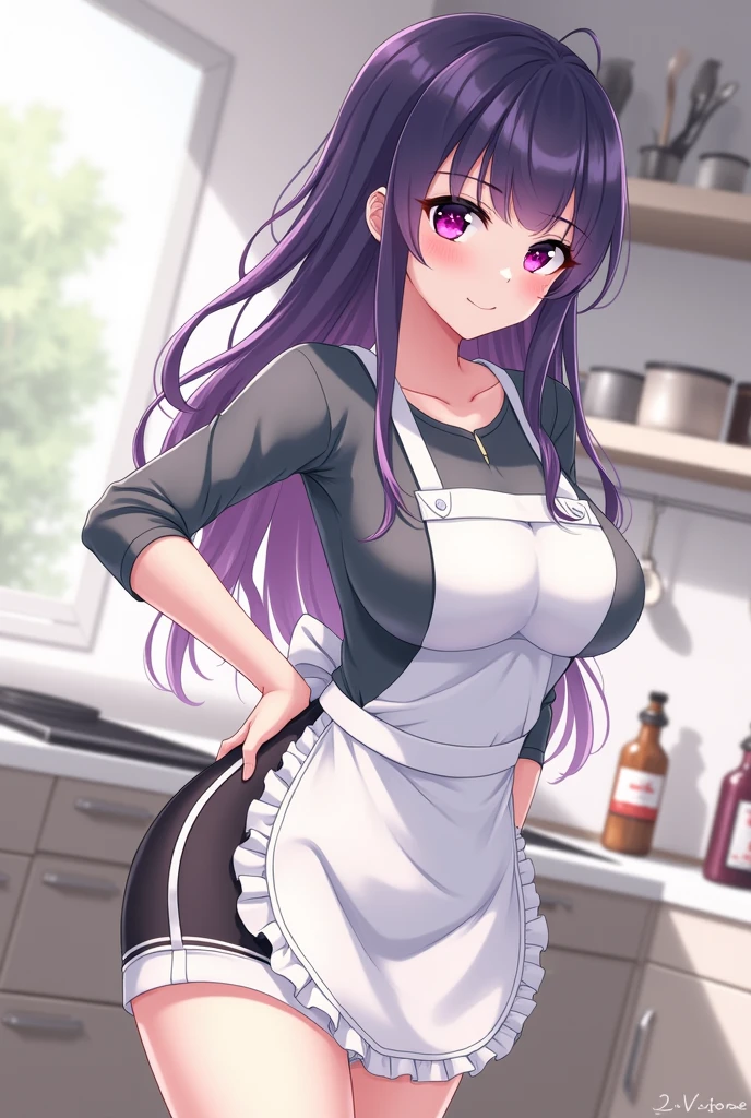 long hair, mole under mouth, purple hair, single braid, hair between eyes, aqua eyes, sharp teeth, ahoge, 1girl, blush, smile, cowboy shot, slightly open mouth, big breasts, big boobs, apron