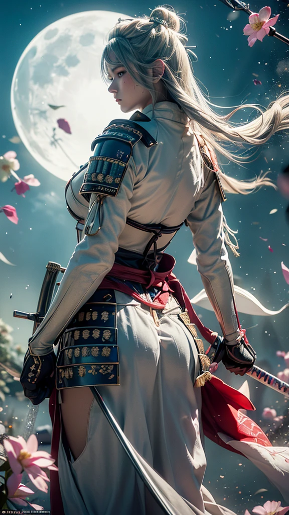 {best quality}, {very aesthetic}, {ultra-detailed}, nsfw、((from behind, cowboy shot, looking back)) 、((intense angle))、A sexy female character wearing white and milky armor as a warrior from the Sengoku period、It sticks out a huge spear、((holding large bloody scythe))、((realistic))、((drill hair))、((Silver gray hair ))、((toned body))、(glistening skin)、 toned body、((huge breasts))、((side boob))、Big Breasts、 plump thighs、 white cream armor with a flower pattern engraved with a Tsukishita beauty flower pattern 、((side boob))、(  wearing a cloak with a flower pattern by Tsukishita beauty )、(shrine maiden clothes)、(rah-rah skirt)、White milky shin guard with beautiful flowers engraved on it 、White-milky high-leg underwear 、 pink tights that make you have huge breasts、 absolute domain、((holding with a spear))、Holding a gun、Dramatic lighting、((Moonlight at night))、Queen of the Night、(( Tsukishita beauty's flowers are dancing ))、(( flowers blooming in full bloom in the background ))、(( large Tsukishita beauty flowers blooming in full bloom on the front ))、 cinema-like scene 、 Max Image、 Ultra High Definition、8k、masterpiece、crisp quality、