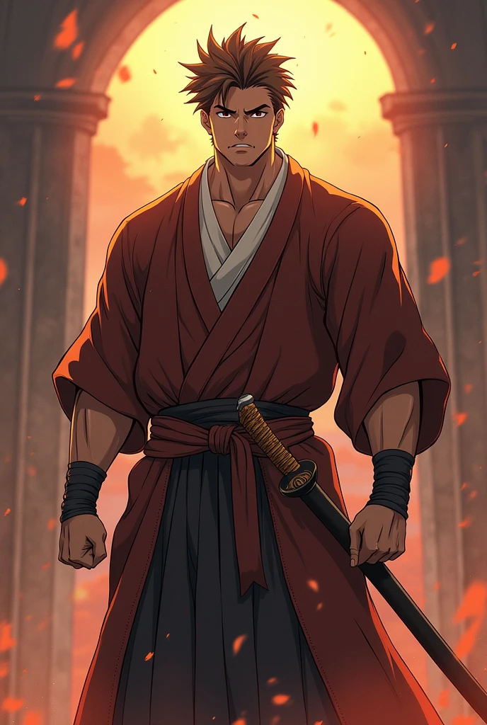 Male samurai, one piece art style, detailed body, muscular build, traditional samurai armor, shuriken at the waist, long sword by the side, bushy eyebrows, stern expression, cherry blossom tattoo on the forearm, bald head with a topknot, scar over the left eye, intricate kimono pattern, sandals with socks, full-body view, dynamic pose, mid-battle scene, dramatic lighting, high resolution.

(Note: This description is inspired by the One Piece series but with a samurai twist.)