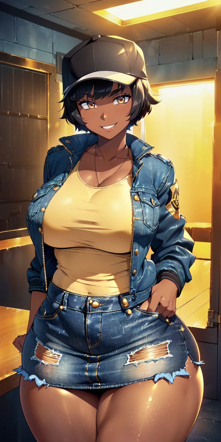 4K Quality, (sultry black tomboy), (sexy smile), ((short black hair), cute eyebrows, ((dark skinned)), ((denim skirt and jacket)), ((thick thighs)), big breasted, (big ass), (facing the viewer), (in the penthouse), ((studio lighting)), ((golden eyes)), gold tinted sunglasses,