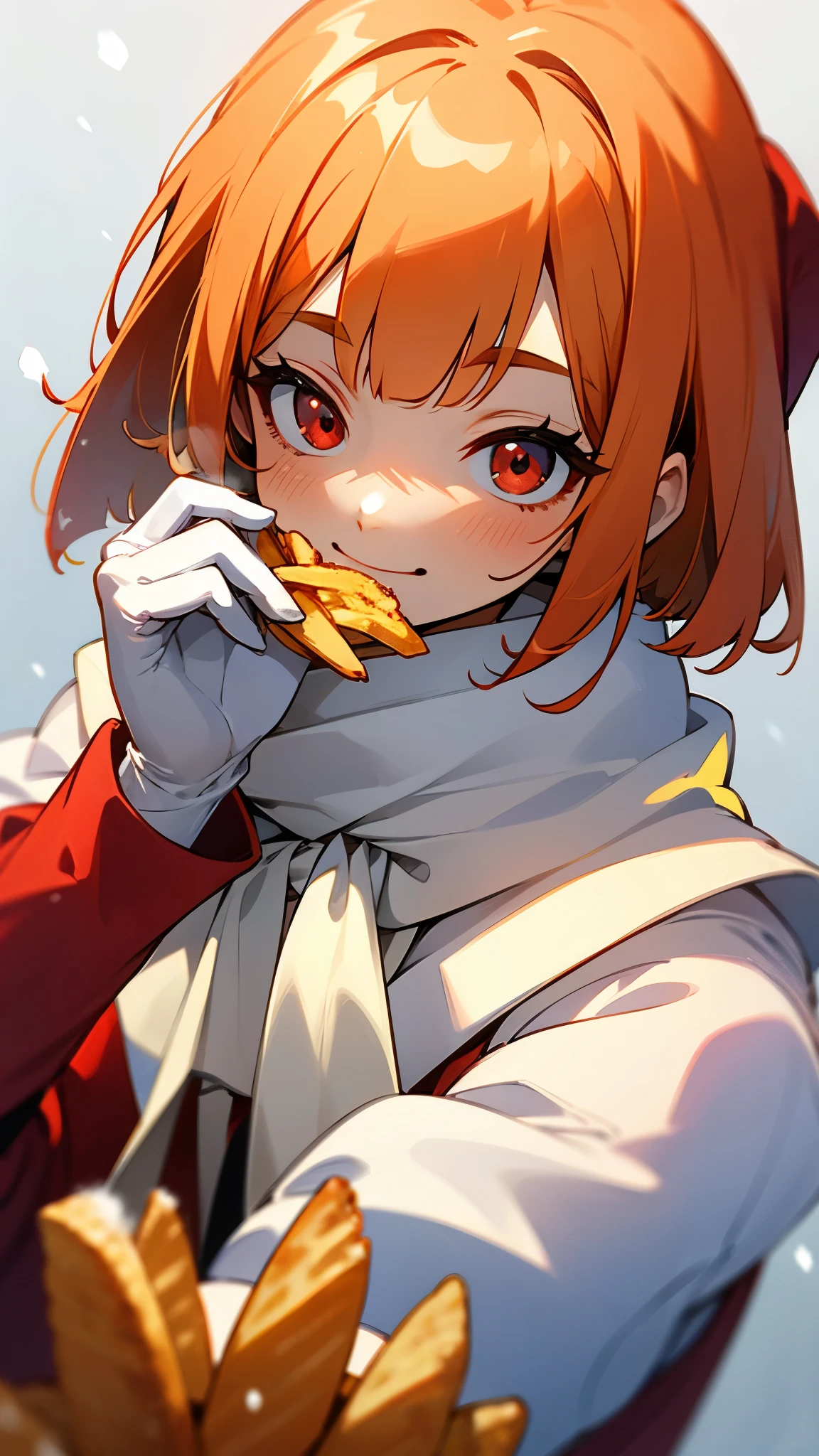 1 person、 ******* girl、 bob cut、 bright orange hair、Red eyes、smile、 upper body closeup without left arm、 eats french fries、snow、ice、cold、 red Santa Claus costume 、winter、 white gloves、White scarf、snowが積もった