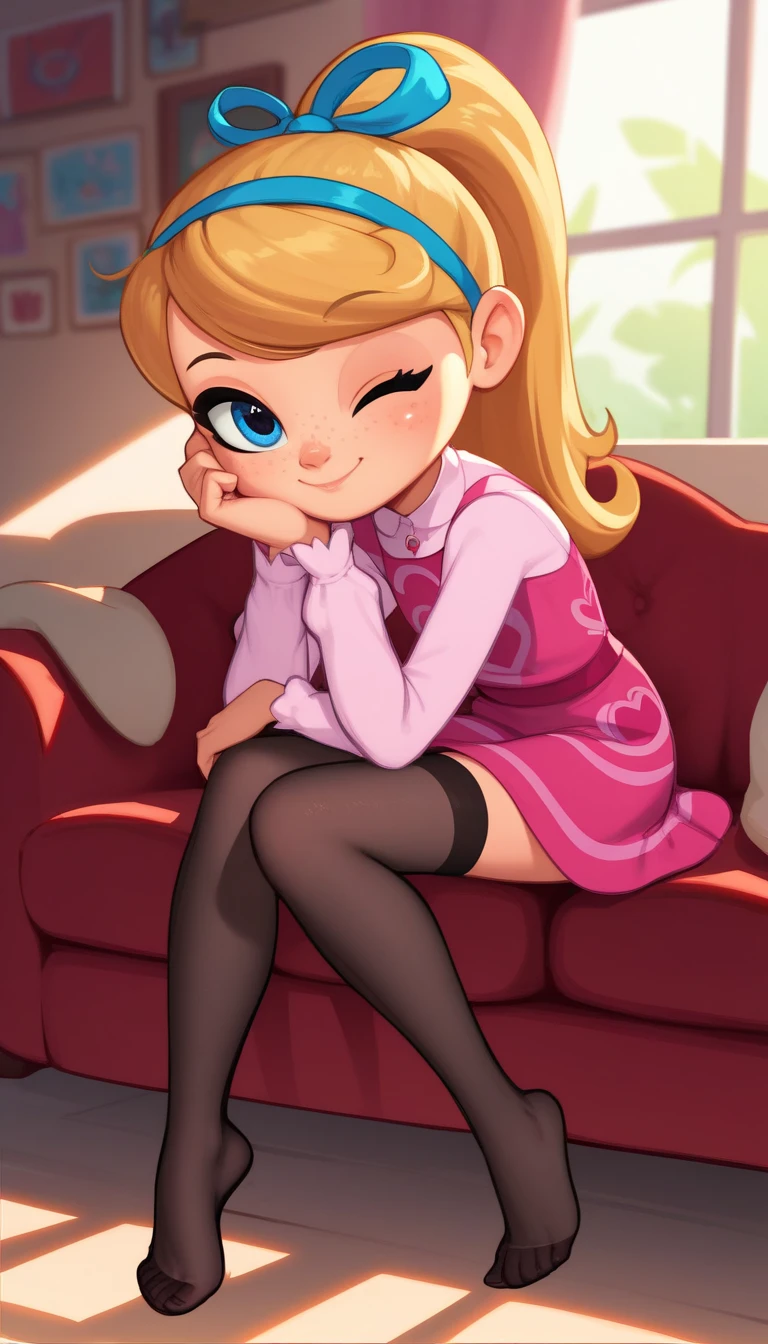 1girl, full body, solo, young girl, 9- year old, penny peterson, long hair, blue eyes, freckles, blonde hair, skirt, hairband, cyan ribbon, ponytail, black sexy stockings, flirty hips, dress, pink dress, long sleeves, no shoes, score_9, score_8_up, score_7_up, score_6_up, score_5_up, sitting, sofa, leaning forward, indoors, smile, cute smile, closed mouth, heart-warming, one eye closed, looking at viewer, soft lighting,
