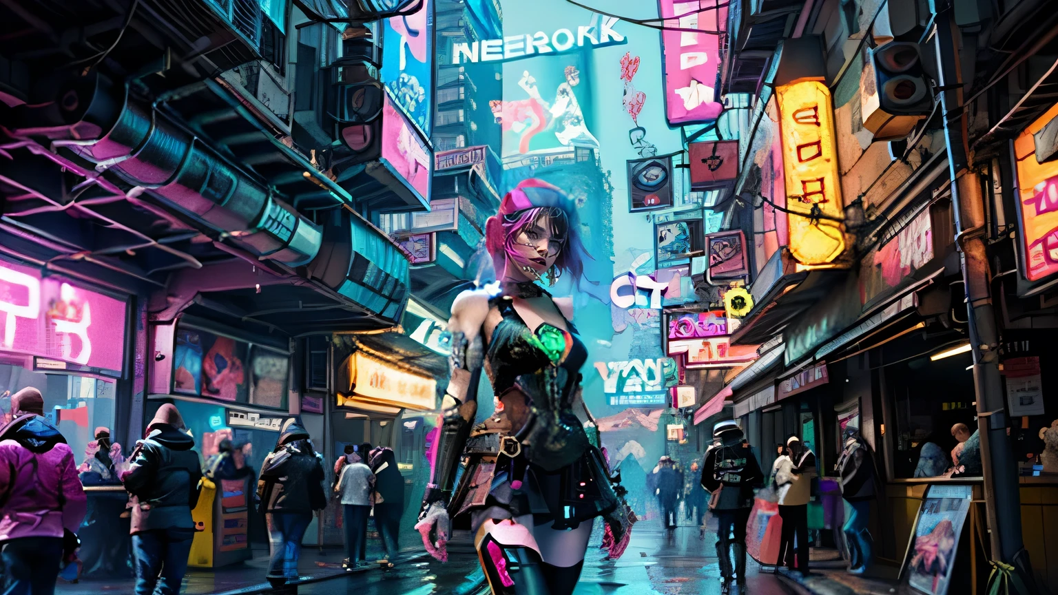 (masterpiece, top quality, best quality, official art, beautiful and aesthetic:1.2),(1girl:1.4),full body,([pink|blue] hair:1.5),extreme detailed,(fractal art:1.3),(colorful:1.5),highest detailed,(Mechanical modification:1.3),(modification:1.2),Maiden,(A complex mechanical conduit is inserted into the back:1.5),catheter,(neon background:1.4),(neon city:1.75),night,large breasts,(gothic_lolita:1.2),high heels,makeup,blush,(cyberpunk:1.4),((looking at viewer:1.3)),((looking back)),Sofia Boutella, brunette, tanned, huge tits, nikon d850 film stock photograph 4 kodak portra 400 camera f1.6 lens rich colors hyper realistic lifelike texture dramatic lighting unrealengine trending on artstation cinestill 800,