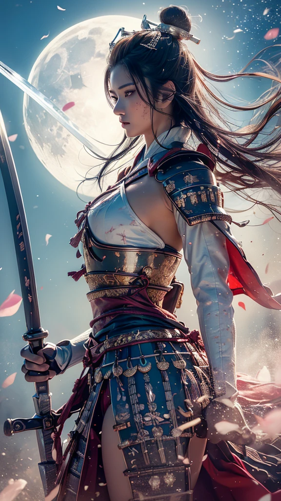 {best quality}, {very aesthetic}, {ultra-detailed}, nsfw、((from side, portrait, looking away)) 、((intense angle))、A sexy female character wearing white and milky armor as a warrior from the Sengoku period、It sticks out a huge spear、((holding large bloody scythe))、((realistic))、((drill hair))、((Silver gray hair ))、((toned body))、(glistening skin)、 toned body、((huge breasts))、((side boob))、Big Breasts、 plump thighs、 white cream armor with a flower pattern engraved with a Tsukishita beauty flower pattern 、((side boob))、(  wearing a cloak with a flower pattern by Tsukishita beauty )、(shrine maiden clothes)、(rah-rah skirt)、White milky shin guard with beautiful flowers engraved on it 、White-milky high-leg underwear 、 pink tights that make you have huge breasts、 absolute domain、((holding with a spear))、Holding a gun、Dramatic lighting、((Moonlight at night))、Queen of the Night、(( Tsukishita beauty's flowers are dancing ))、(( flowers blooming in full bloom in the background ))、(( large Tsukishita beauty flowers blooming in full bloom on the front ))、 cinema-like scene 、 Max Image、 Ultra High Definition、8k、masterpiece、crisp quality、