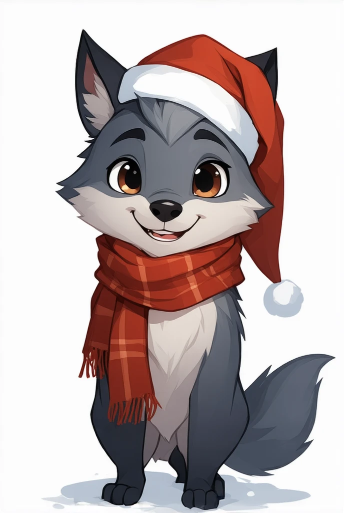  Cartoon Style ,  Wolf Werewolf stands on two legs,  cute little ,  ulybka, dark gray fur, in a Scarf ,  and Christmas Hat ,  beautiful eyes , background city,  snow , fantasy,  masterpiece fails, 8 k,  complex ,  Best quality ,
