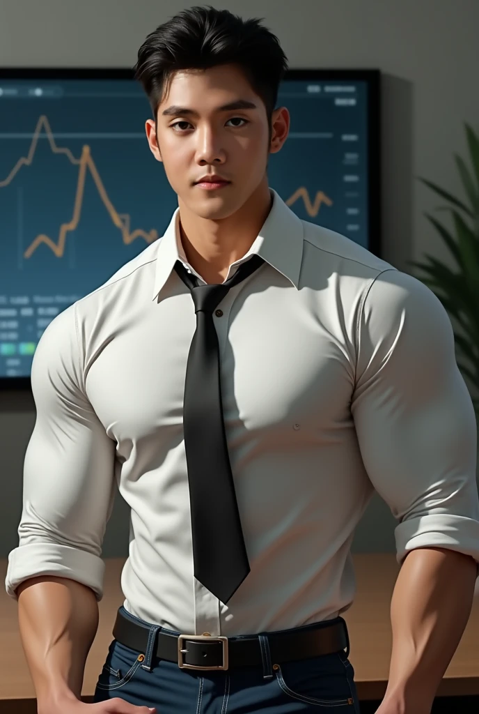 best quality, masterpiece, 8K, HD, masculine, 30 year-old korean gentleman, muscular, nerdy look, glasses, shirtless, big bulge, , wear a tie,sexy, god rays, perfection, no watermark,underwear, sexy, Masculine and handsome, muscular, Beautiful muscles, hairy body,sweat, lewd face, firm chest, sexual, provocative, lustful, accessories include a luxury wristwatch, looking at the viewer, muscle veins, lightly tanned skin, drooling, slimy, wanting to show off chest,in the company
