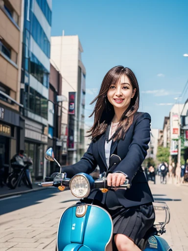 woman, riding a Vespa, navy business suit and skirt, high heels, flowing hair, city vibrancy, from a diagonal front viewpoint, cafes and shops, traditional Japanese buildings, blue sky, bright sunlight, long shadows, highly detailed digital painting, vibrant colors, sharp focus, expressing urban vitality, ((masterpiece)), ((best quality)), (ultra-detailed), ((beautiful eyes)), Japanese female, (slender), ((30 years old)), beautiful, (cheerful grin:1.3),