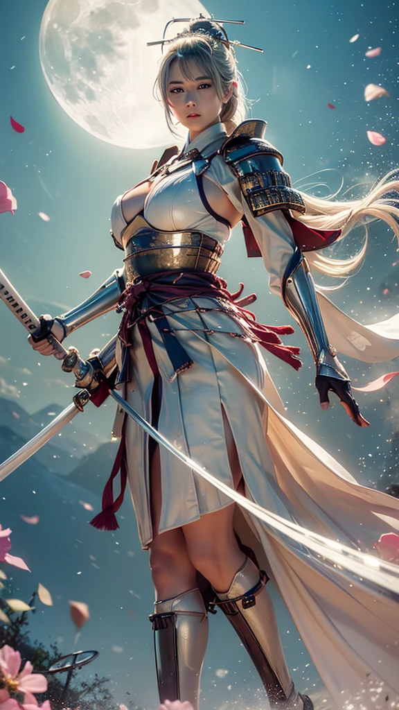 {best quality}, {very aesthetic}, {ultra-detailed}, nsfw、((dynamic angle, face focus, looking side)) 、((intense angle))、A sexy female character wearing white and milky armor as a warrior from the Sengoku period、It sticks out a huge spear、((holding large bloody scythe))、((realistic))、((drill hair))、((Silver gray hair ))、((toned body))、(glistening skin)、 toned body、((huge breasts))、((side boob))、Big Breasts、 plump thighs、 white cream armor with a flower pattern engraved with a Tsukishita beauty flower pattern 、((side boob))、(  wearing a cloak with a flower pattern by Tsukishita beauty )、(shrine maiden clothes)、(rah-rah skirt)、White milky shin guard with beautiful flowers engraved on it 、White-milky high-leg underwear 、 pink tights that make you have huge breasts、 absolute domain、((holding with a spear))、Holding a gun、Dramatic lighting、((Moonlight at night))、Queen of the Night、(( Tsukishita beauty's flowers are dancing ))、(( flowers blooming in full bloom in the background ))、(( large Tsukishita beauty flowers blooming in full bloom on the front ))、 cinema-like scene 、 Max Image、 Ultra High Definition、8k、masterpiece、crisp quality、