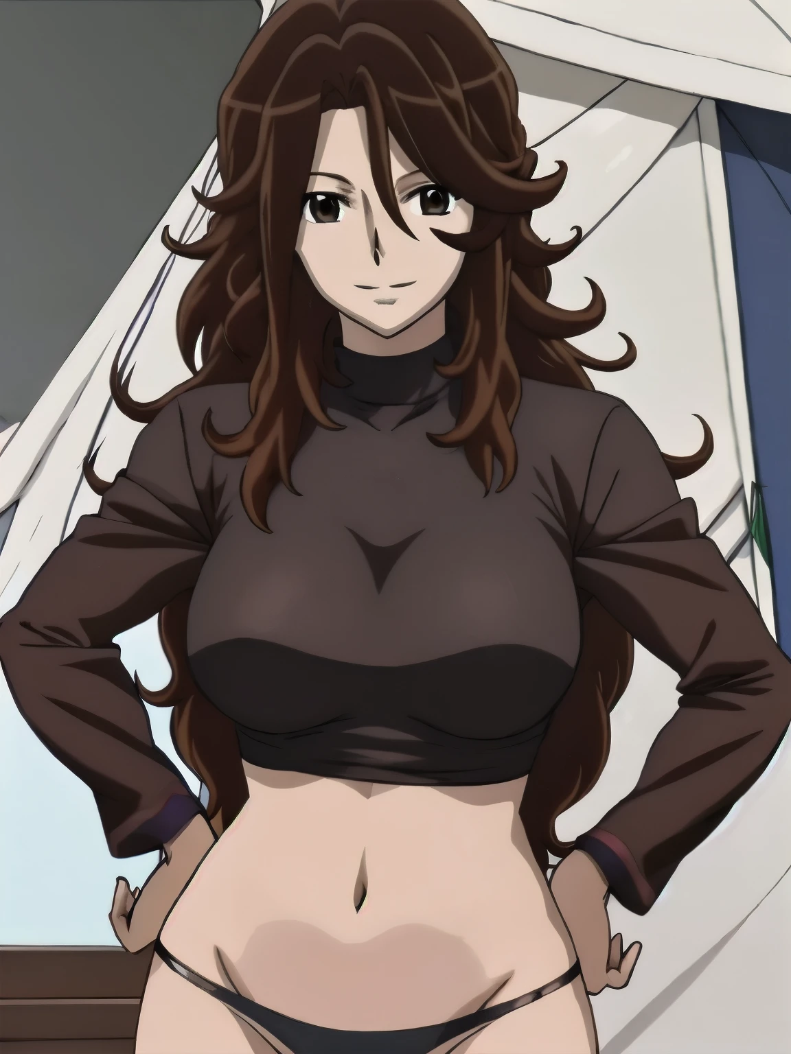 curvy midsection, solo, 1 girl, female wrestler, ultra toned arms, smile, ), (detailed titration screen, upper body only, anime style: 1.8, anime drawing, ultra detailed face, ultra detailed body, 4k, Sumergai Lee Noriega, (standing), best quality, anime style, hires, highest definition, digital blending, bold drawing lines, ((wwe diva), (location: wrestling arena, crowds watching), ( pro female wrestler, slim body, (little biceps), , off-shoulders, closed fists, (very curvy: 2.8)), ((topless, nipples , shorts, white gloves, collar, arm band, (champion belt))), (pale skin, big breasts, widely open mouth, teeth), (big eyes, brown eyes, shiny eyes), (), (brown hair, loose hair, curly hair, wavy hair, long hair, missy hair), 27 years old,