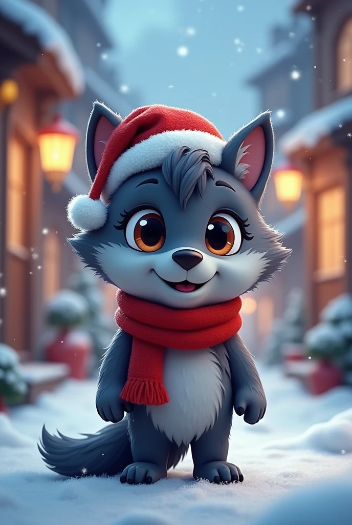  Cartoon Style ,  Wolf Werewolf stands on two legs,  cute little ,  ulybka, dark gray fur, in a Scarf ,  and Christmas Hat ,  beautiful eyes , background city,  snow , fantasy,  masterpiece fails, 8 k,  complex ,  Best quality ,
