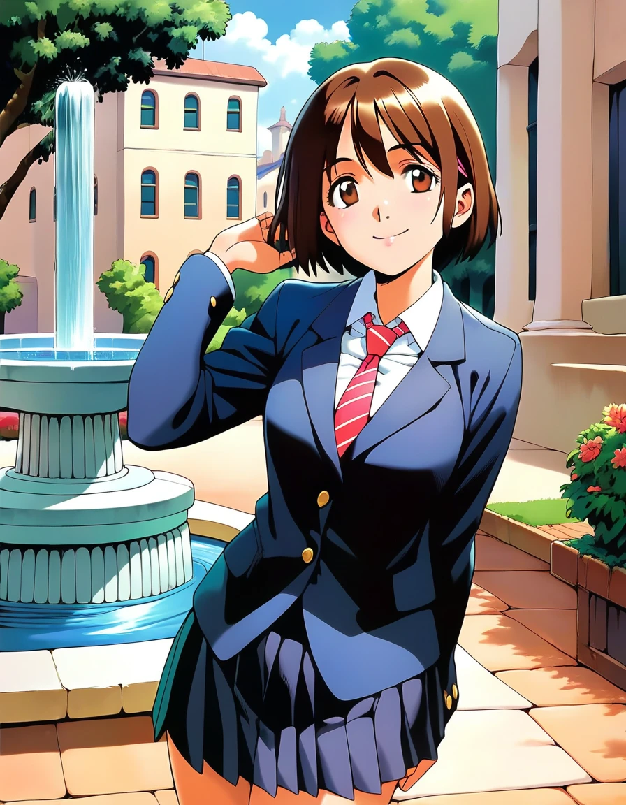 you,score_9,score_8_up,score_7_up, source_Anime, 1 girl, school uniform, blazer, Long Sleeve ,collared_ shirt, ties,pleined skirt,socks, loafers,smile,  cowboy_shot, watching _in_ viewer,FOUNTAIN,