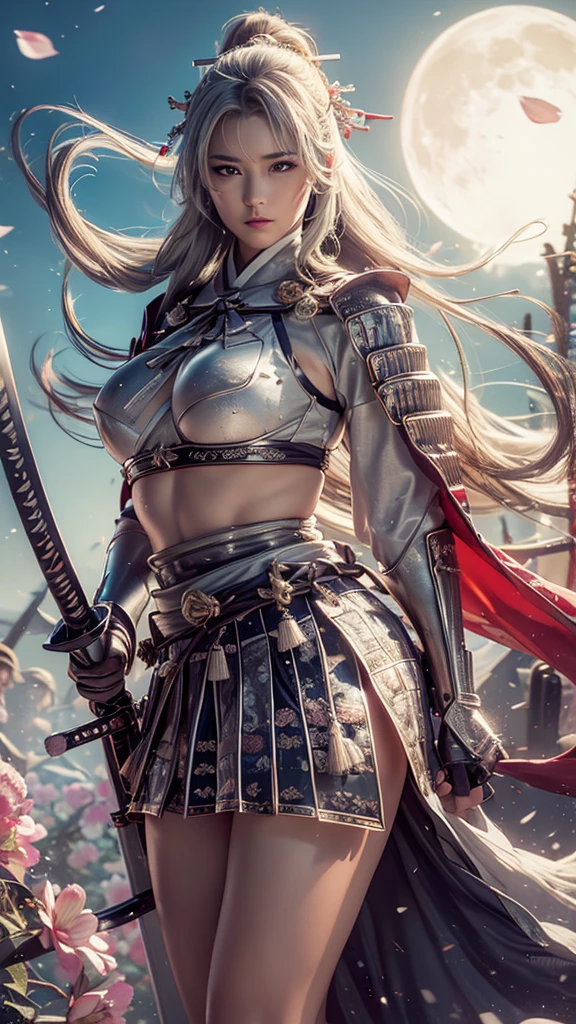 {best quality}, {very aesthetic}, {ultra-detailed}, nsfw、((seiza)) 、((intense angle))、A sexy female character wearing white and milky armor as a warrior from the Sengoku period、It sticks out a huge spear、((holding large bloody scythe))、((realistic))、((drill hair))、((Silver gray hair ))、((toned body))、(glistening skin)、 toned body、((huge breasts))、((side boob))、Big Breasts、 plump thighs、 white cream armor with a flower pattern engraved with a Tsukishita beauty flower pattern 、((side boob))、(  wearing a cloak with a flower pattern by Tsukishita beauty )、(shrine maiden clothes)、(rah-rah skirt)、White milky shin guard with beautiful flowers engraved on it 、White-milky high-leg underwear 、 pink tights that make you have huge breasts、 absolute domain、((holding with a spear))、Holding a gun、Dramatic lighting、((Moonlight at night))、Queen of the Night、(( Tsukishita beauty's flowers are dancing ))、(( flowers blooming in full bloom in the background ))、(( large Tsukishita beauty flowers blooming in full bloom on the front ))、 cinema-like scene 、 Max Image、 Ultra High Definition、8k、masterpiece、crisp quality、