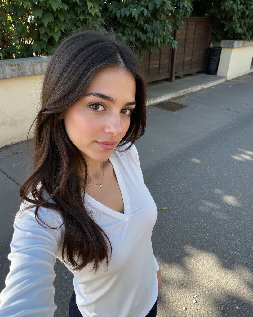 Brune de 29 ans, t-Shirt gros seins, pas de soutiens gorge, selfie dehors