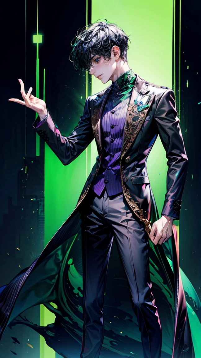 Full-body view, 8K resolution, high detail, around 20 years old, (one male), black hair with purple highlights, green eyes, sci-fi-style outfit, black attire with green accents, ((UHD, masterpiece, super detail, best quality, highres, 8k)), (detailed line art), perfect face, perfect body, perfect hands, perfect feet.