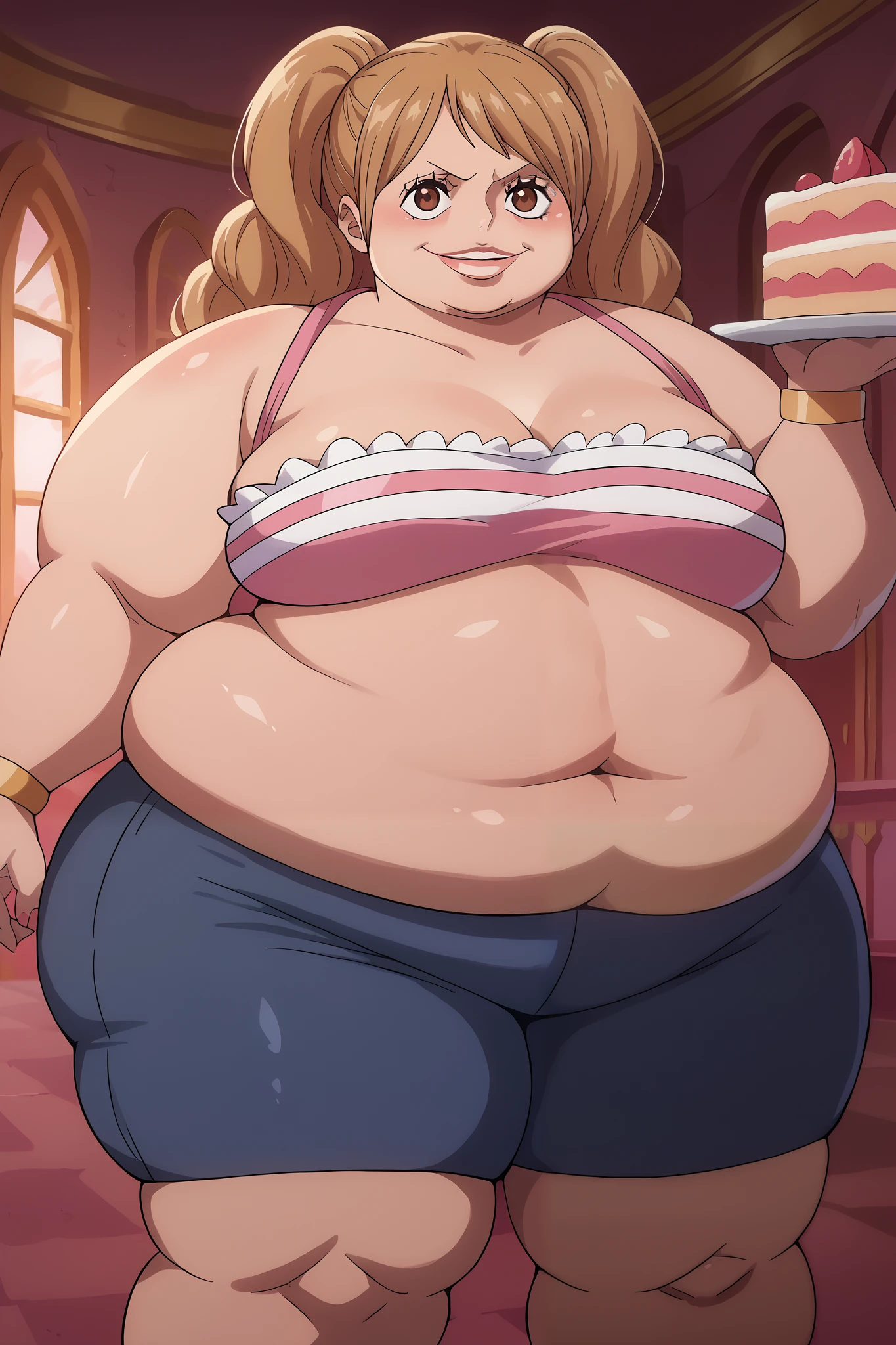 score_9, score_8_up, score_7_up, score_6_up, source_anime BREAK 1girl, solo,  defrka, Charlotte Pudding, Phyrne Jameel, light brown hair, pigtails, lips, brown eyes, one piece, cake island, blue tube top, black bike shorts, looking at you, fat, chubby, obese, gigantic arms and legs, smile 