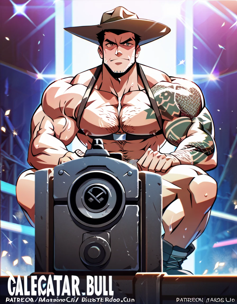 Un vaquero muscular  nude montando un  mechanical bull , NSFW,  nude, muscular,  big pectorals,  slim waist ,  small nipples,  balanced anatomy , handsome, barbudo,  hairy, tattooed,  wearing a cowboy hat and bdsm costume , leather harness, tactical boots ,  mechanical bull , lewd expression,  big penis,  looking at the camera , Take ¾ ,  front view character , sweaty,  hairy,  gay nightclub background ,  High resolution ,  HIGH QUALITY,  Masterpiece