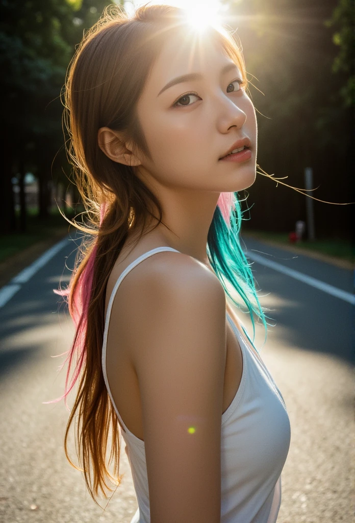 (highest quality, 32k, High resolution, masterpiece:1.5, ), Haunting fantasy portrait in abstract style, ((In a swirl of fantastic pastel colors and soft light)), Evoking a sense of soothing tranquility and elusive beauty, Award-winning masterpiece with amazing details, cute japanese woman, perfect human anatomy, big magical eyes, A gentle smiling profile, ((shiny ice green hair)), Beautiful and smooth long hair, Beautiful asymmetrical bangs, hair between eyes, smooth and soft skin, thin eyebrows, clear double eyelids, pale pink lips, ((Naked back view,)), High resolutionの完璧な肩, High resolutionの美しい背中, slender body shape, High resolutionの美しい太もも, cosmos, gentle sunlight, professional lighting, professional photographer, Professional models