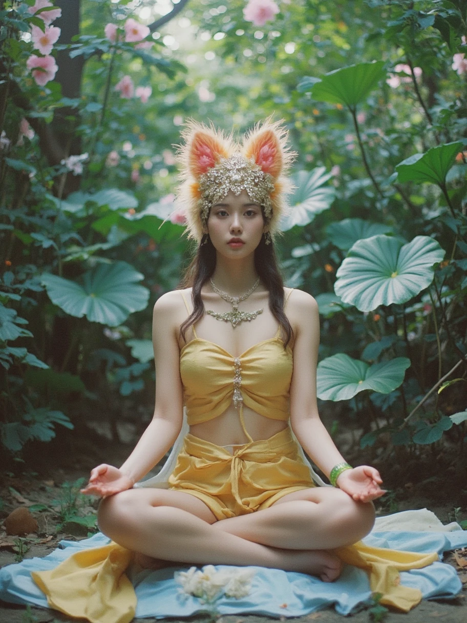  Full Body Photo of a Woman in Lotus Pose，original，Filming，(Clear focus:1.5)，(Reality:1.4)，Twilight，Volumetric Lighting， super high resolution， Dramatic Lighting ， Appears on a White Background ，(confusion，Mandala，Green Leaf) , Fox Demon, Fox Mask, Short coat, Foxfire Curse, Fox Family, Transformation, Depth of Field, Dreamy atmosphere, The most beautiful Chaos , grace,  Brutal Design Dark Theme ，Flower of Death， Aetheric Flower ， Shiny Line ， Shiny Example ， Tracking Example ，flash，Backlight，translucent，Light Particles