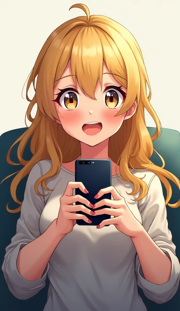 A digital illustration of the young woman , with a slight babyface, long wavy blonde hair, and expressive manga-style eyes, holding a smartphone and playing a game. She appears focused and slightly excited, with a lighthearted expression. She is seated comfortably, perhaps on a chair or sofa, with the background kept simple to focus on her gaming experience. The style remains consistent with her established character appearance. high definition , accurate,  top quality, 