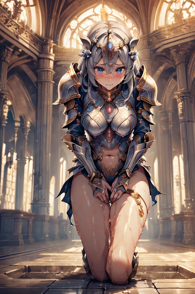 ( one beautiful woman inside the aquarium building 、 beautiful woman with anatomically perfect body wetting the floor with pee、knight、Detailed hand、perfect hand、 perfect face、 beautiful eyes、Beautiful Hair)、(armor、armor、Loin cloth)、(Beautiful Women Put Up With Pee 、The strongest need to pee、 pee leaks:1.2)、( erotic body twists 、Holding the crotch、Wet the floor with pee:1.3)、(Standing painfully)、(Astonishment、Hurry、Desperate、blush、despair、 tilting your head 、 looks up:1.2)、 closes the eye、 top quality