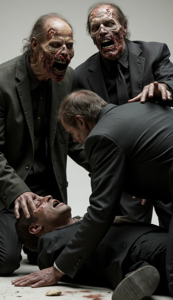  Three zombies are at the top of the picture ，Zombies are biting a faceless man in a clean black suit，The man was lying on the ground，Butt facing the audience ， at the bottom of the screen ，Zombies are the main body of the picture 