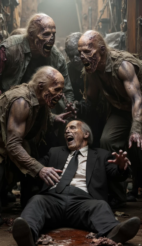  Three zombies are at the top of the picture ，Zombies are biting a faceless man in a clean black suit，The man was lying on the ground，Butt facing the audience ， at the bottom of the screen ，Zombies are the main body of the picture ，The background is a composition of 