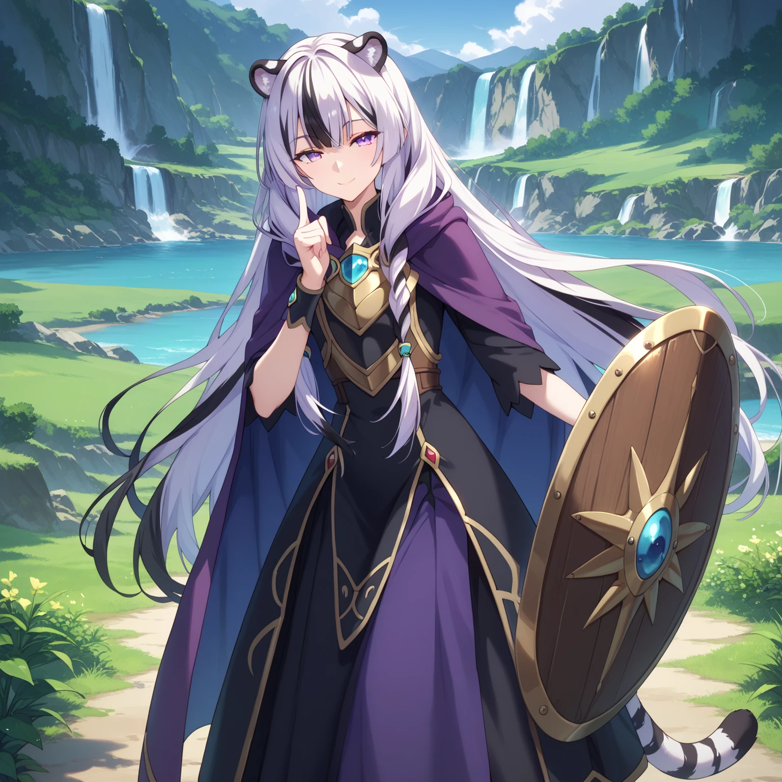 ((masterpiece)), 1girl, solo, very long hair, white hair, black hair, multicolored hair, white tiger ears, white tiger tail, open eyes purple eyes, looking at viewer, kind smile, night scenery, extends hand to the viewer, motherly smile, standing, purple dress, black dress, multicolored dress, armored dress, half-lidded eyes, Shield on right wrist, metal breastplate, purple cape, white fur on cape, single Shield.