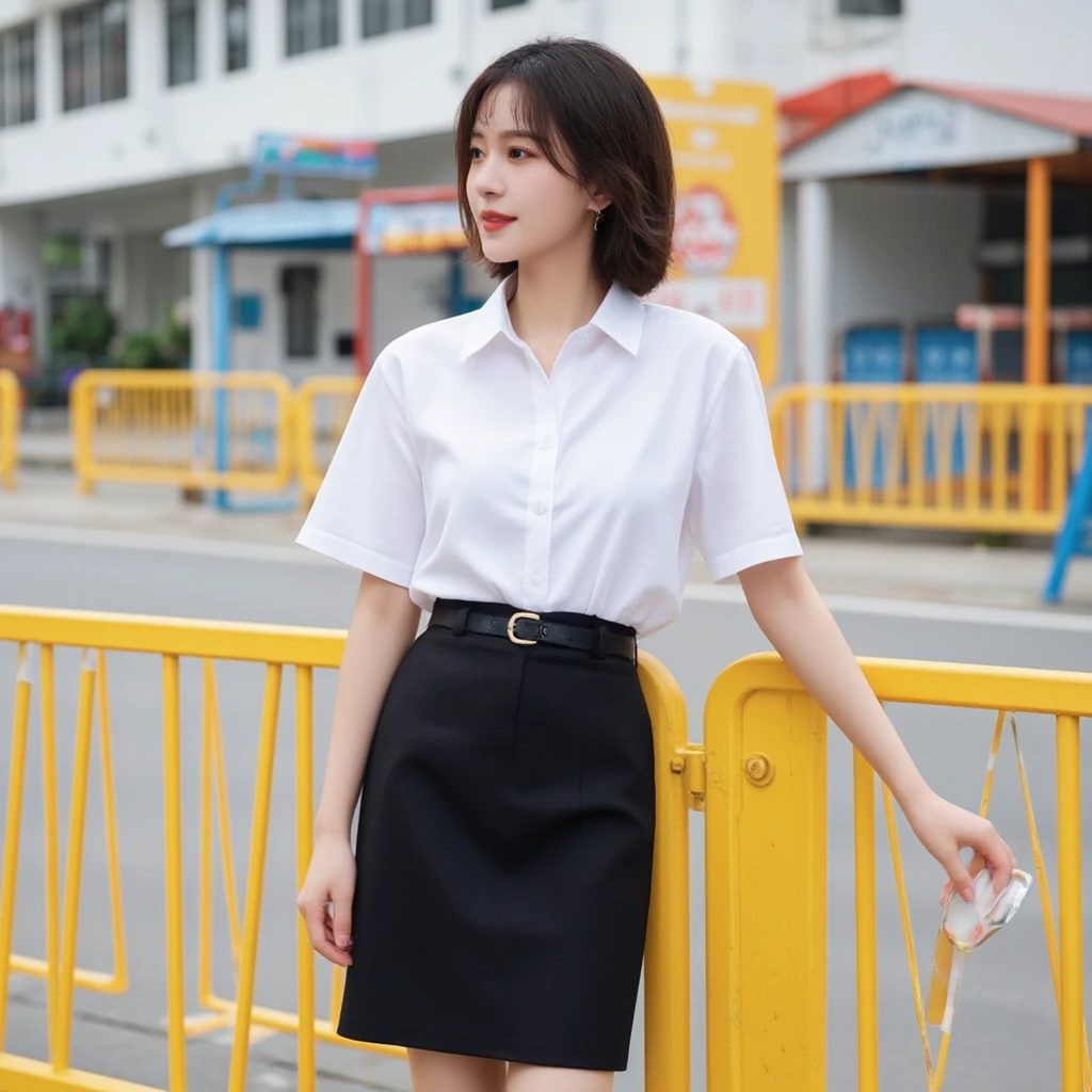 a Thai woman with short brown hair, wearing a short black pencil skirt and belt, wearing a white shirt short sleeves six white buttons, is standing in front of a yellow metal barricade. She is smiling, with a slight smile on her face. In the background, a building and road, adding a pop of color to the scene.