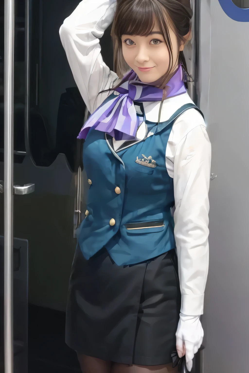 ( masterpiece :1.2, top quality:1.2), 32kHDR, kampala, (Alone、 1 girl)、(what 、 professional writing like gravure photography )、In-flight background、(Nankai Train crew uniformを着たリアルなスタイル)、((Nankai Train crew uniformのグリーンのベスト))、(( Nankai train crew uniform collarless white long sleeve blouse)) 、((Nankai Train crew uniformのキュロットスカート 、 wrap a scarf around your neck ))、 lots of dark brown hair 、( long hair、Hair tied up、Hair tied up)、 lots of dark brown hair 、 Long Hit 、Big Breasts、Thin legs、(( Amazing hands :2.0)),(( Harmonious physique :1.5)),((Normal limbs:2.0)),((The usual :2.0)),(( delicate eyes :2.0)),((Normal eyes:2.0)))、smile、(Nankai Train crew uniformを着た美しい姿)、Hands folded under the body