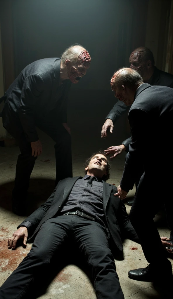  Three zombies are at the top of the picture ，Zombies are biting a faceless man in a clean black suit，The man was lying on the ground，Butt facing the audience ， at the bottom of the screen ，Zombies are the main body of the picture ，The background is a composition of ，Dark atmosphere 