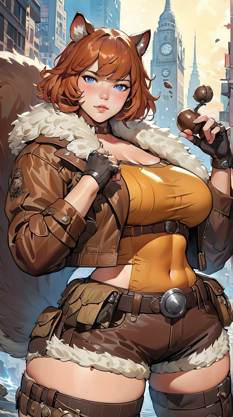 best quality,4k,8k,highres,masterpiece:1.2),ultra-detailed, extremely detailed eyes, extremely detailed body, (large masterpiece digital art), (detailed manga illustration), (detailed line art), ((perfect anatomy)), (intricate details:1.3), (ultra-detailed:1.3), (illustration:1.3), (sharp focus:1.3), (natural lighting:1.05), (vivid colors:1.3), (masterpiece), best quality, expressive eyes, perfect face, 1girl, acorn, animal ears, belt, black thighhighs, blue eyes, breasts, ((red-brown hair)), brown footwear, brown jacket, brown shirt, brown shorts, choker, crop top, cropped jacket, freckles, fingerless gloves, fur collar, gloves, jacket, large breasts, muffin top, plump, short hair, short shorts, shorts, squirrel, squirrel ears, squirrel tail, tail, thick thighs, thigh gap, thighs, thighhighs, wide hips, heroic atmosphere, Beautiful woman, Atey Ghailan, Jeremy Mann, Greg Manchess, Antonio Moro, trend in ArtStation, trend in CGSociety, Intricate, High Detail, Sharp focus, dramatic and photorealistic painting art by Midjourney and Greg Rutkowski, Marvel Cinematic Universe style, dynamic pose, action pose)), (New York city in background)