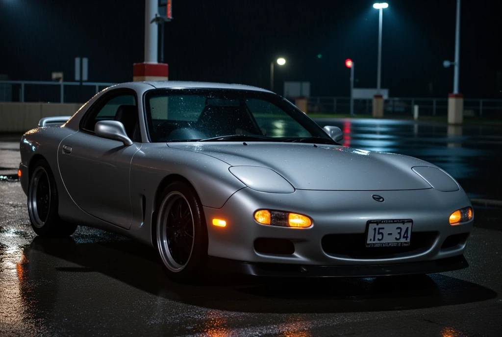 A silver-colored MAZDA/RX-7 :1.6, "15-34"Text license plate , A silver-colored MAZDA/RX-7  FDの車が夜のパーキングエリアに停車している:1.331, hazard lamp , It rains, 