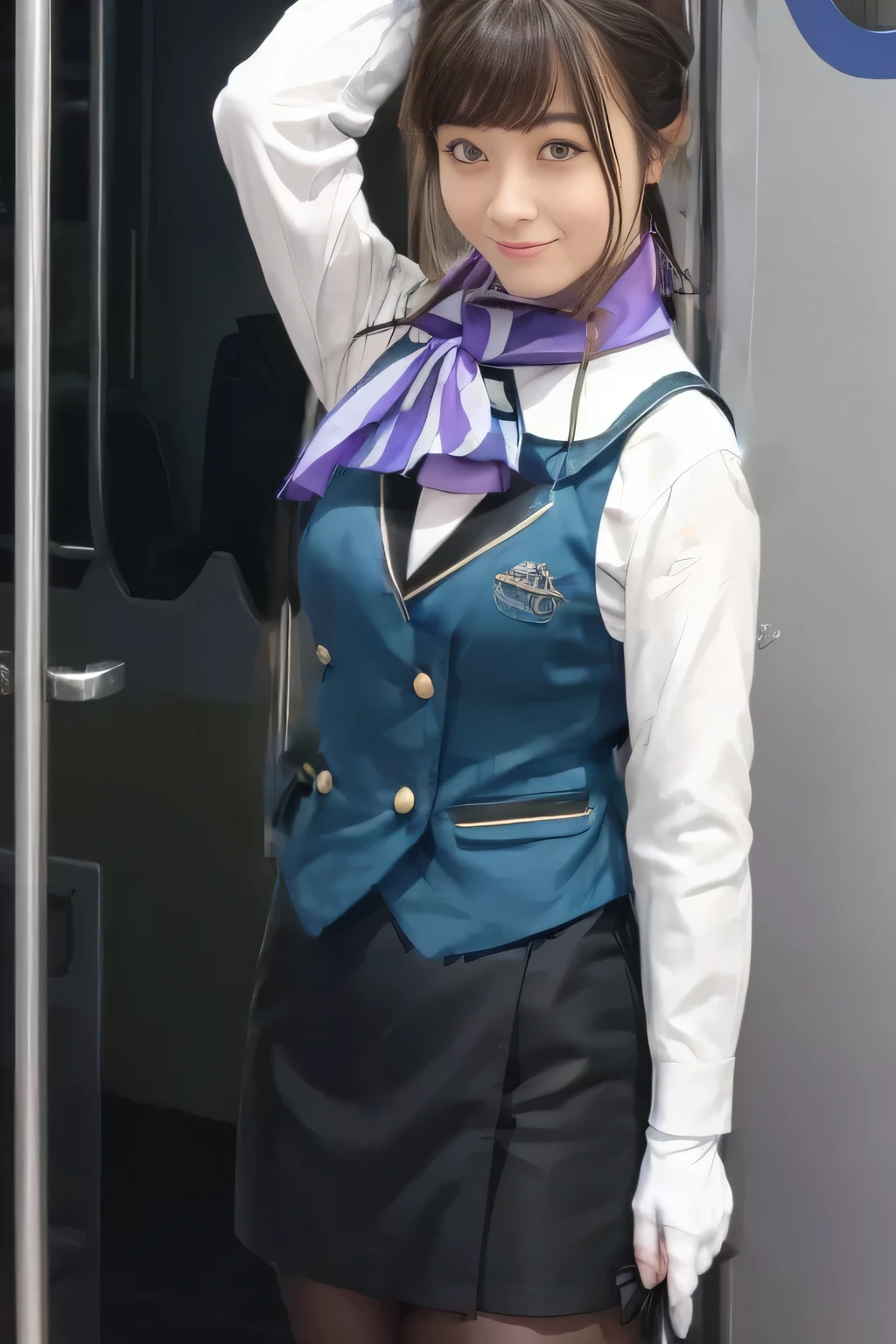 ( masterpiece :1.2,  top quality:1.2), 32kHDR,  kampala, (Alone、  1 girl)、（what 、  professional writing like gravure photography ）、In-flight background、（Nankai Train crew uniformを着たリアルなスタイル）、（（Nankai Train crew uniformのグリーンのベスト））、（（ Nankai train crew uniform collarless white long sleeve blouse）） 、（（Nankai Train crew uniformのキュロットスカート 、 wrap a scarf around your neck ））、  lots of dark brown hair  、（  long hair、Hair tied up、Hair tied up）、  lots of dark brown hair  、 Long Hit 、Big Breasts、Thin legs、（（ Amazing hands ：2.0）），（（ Harmonious physique  ：1.5）），（（Normal limbs：2.0）），（（The usual ：2.0）），（（  delicate eyes ：2.0）），（（Normal eyes：2.0））)、smile、（Nankai Train crew uniformを着た美しい姿）、Hands folded under the body 