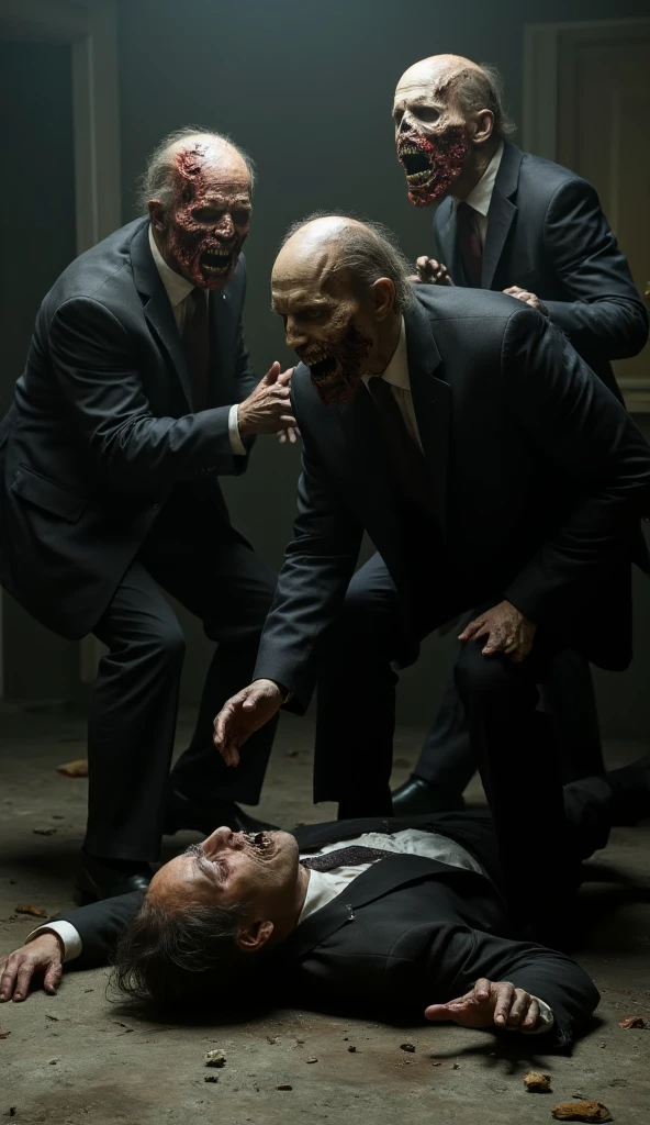  Three zombies are at the top of the picture ，Zombies are biting a faceless man in a clean black suit，The man was lying on the ground，Butt facing the audience ， at the bottom of the screen ，Zombies are the main body of the picture ，The background is a composition of ，Dark atmosphere 