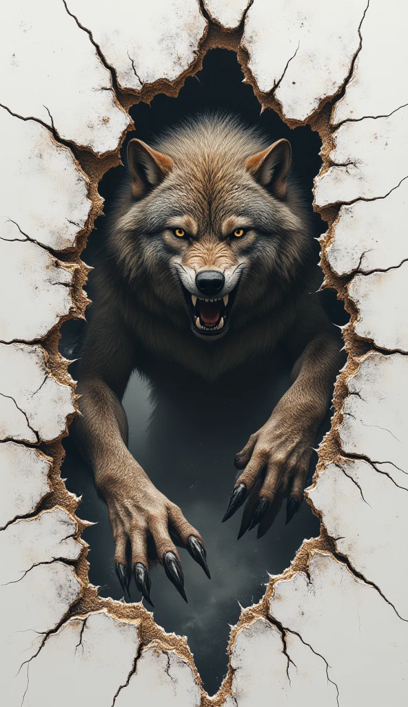 double exposure, in the foreground a canvas torn by the claws of a werewolf, in the background through torn holes in the canvas you can see a powerful werewolf who tore the canvas with his claws, masterpiece, detailed, midjourneyv6.1,