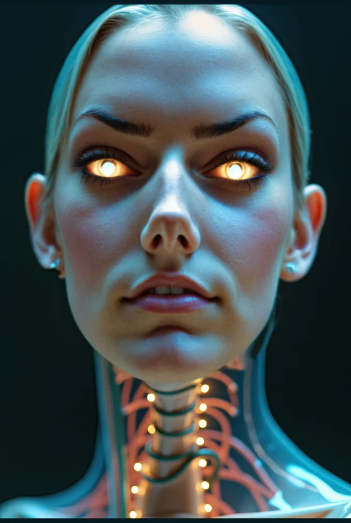 lovecraftian horror futuristic Conceptual Art of a bald neural network bioengineered woman, solo, dark theme, (in awe:1.2), confident, (surprised:0.7), natural skin, trypophobia:0.8, with background from the side, looking at viewer, cowboy shot, dark nebula background, physically based unbiased rendering, natural lighting, soft shadows, Macabre, Moody Light, colorful,\nstyle of Stan Manoukian\n\nphysically based unbiased rendering, natural lighting, soft shadows, extremely high-resolution details, photographic, realism pushed to extreme, fine texture, 4k,  ultra-detailed, high quality, high contrast,  . eldritch, cosmic horror, unknown, mysterious, surreal, highly detailed