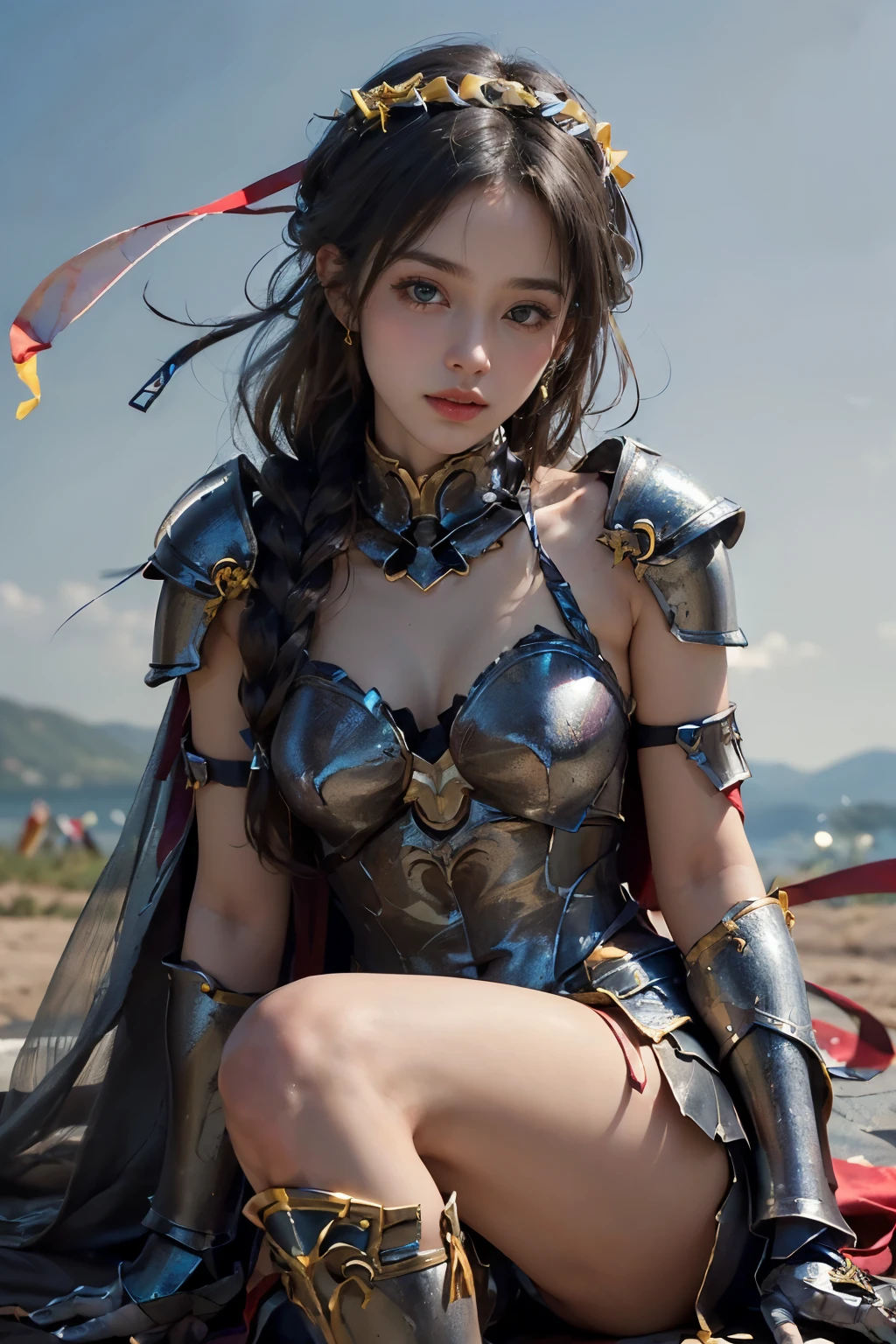 (( photoshoot)),(( highest resolution)),(( top quality,8k)), ((masterpiece)), ( Details), Photographically,  High Definition, Valkyria Girls ,  Detailsな美しい顔,( beautiful contrasting eyes ),(( Perfect Anatomy)),( knee up :1.2) close your mouth, medium brown hair,Loosely Braided Hair , hair ornament, will brush up his hair,((Gunmetallic armor richly decorated with ribbons :1.5)),Race cape with countless ribbons ,clavicle,navel,Thighs,( and show your armpits:1.2), lace cape that flutters in the wind,((( fluttering like )))( shot from the front:1.6),