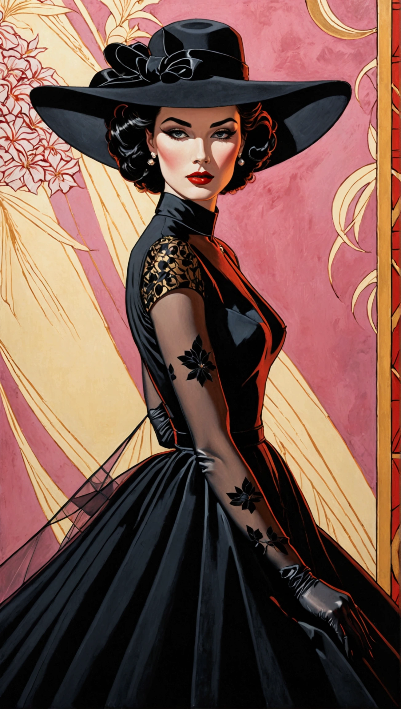 Create a stunning masterpiece depicting a woman in 1950s style, wearing a flowing, very long dress that exudes a dreamy and magical aura. She should have glamorous makeup, including striking red lipstick, and wear a wide-brimmed black hat. The character should embody an ethereal quality reminiscent of Lady Dimitrescu, with a pale complexion that contrasts against a soft colorful background. 

The artwork should reflect the distinctive style of Patrick Nagel, showcasing beautiful, highly detailed painting techniques. Pay special attention to the intricate slopes of the dress, the detailed features of her face, and the captivating depth of her eyes. Capture the essence of a modest model shoot with professional photography quality, blending elements of synthwave and androgyny. The final image should be in 8K resolution, conveying high quality and award-winning artistry, with a focus on short hair that adds to her unique charm.