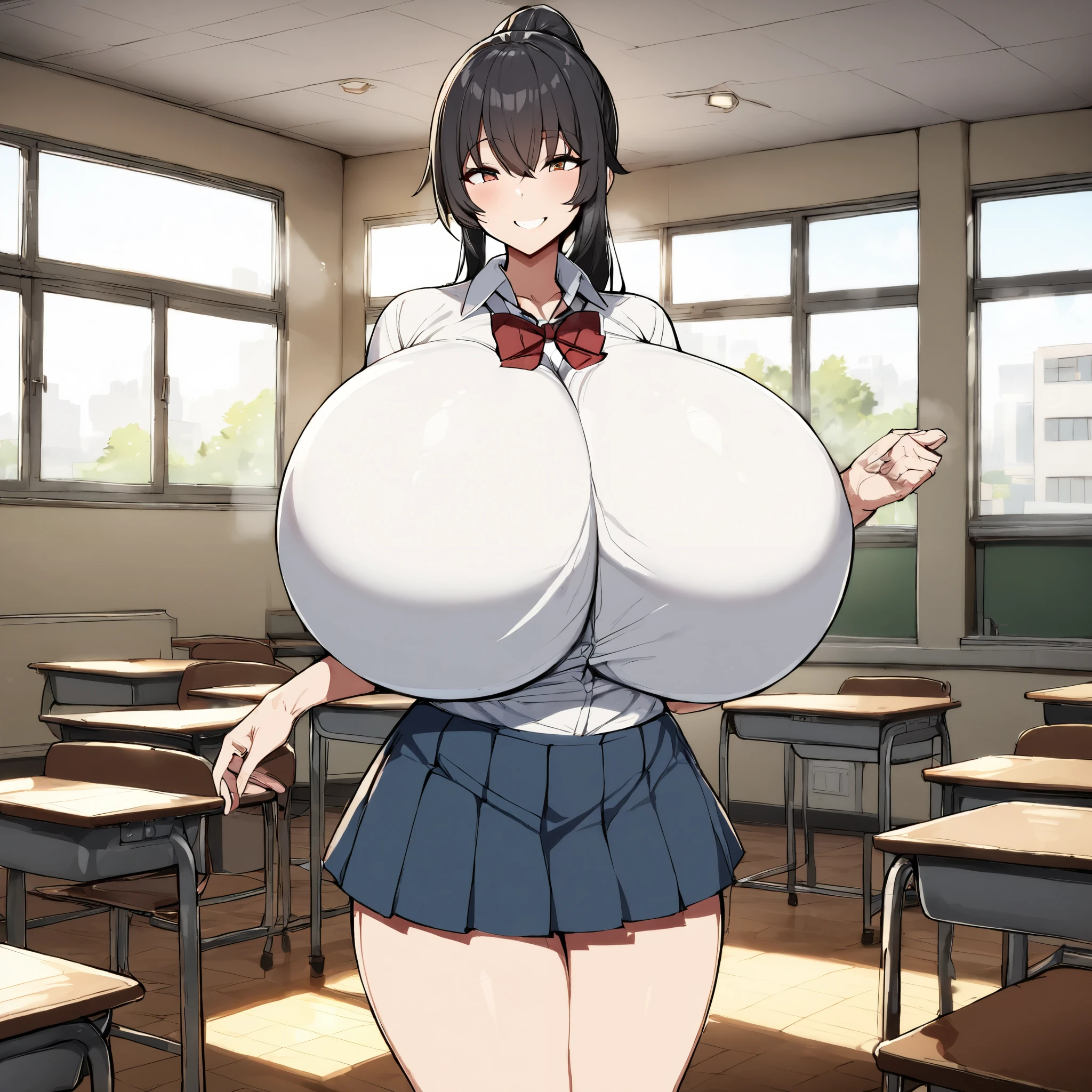 ((Highest quality)),8K,((masterpiece)),(Very sophisticated and beautiful), (Ultra-detailed),(Very large breasts:1.9),Kitasan Black(umamusume),gigantic breasts,narrow hips,thin and long legs,smile、classroom、machine、blackboard、(Wearing a collar:1.5)、Earrings、Earrings、bracelet、Thin legs,Tall,(naked:1.8),Cowboy Shot、(Beautiful Face:1.5),Random Pause、Crouching、(navel piercing)、Pink small nipples、(Peeing:1.5),(nsfw:1.2)、Short Hair、wave hands、Open your mouth、(One eye closed),Slim figure