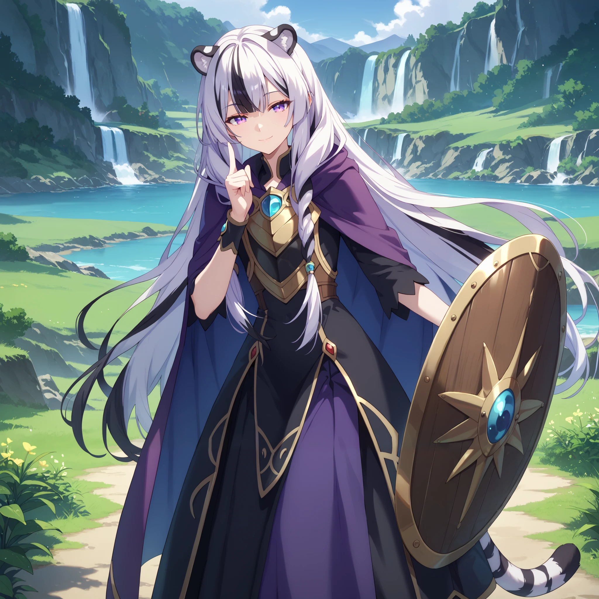 ((masterpiece)), 1girl, solo, very long hair, white hair, black hair, multicolored hair, white tiger ears, white tiger tail, open eyes purple eyes, looking at viewer, kind smile, night scenery, extends hand to the viewer, motherly smile, standing, purple dress, black dress, multicolored dress, armored dress, half-lidded eyes, Shield on right wrist, metal breastplate, purple cape, white fur on cape, single Shield.