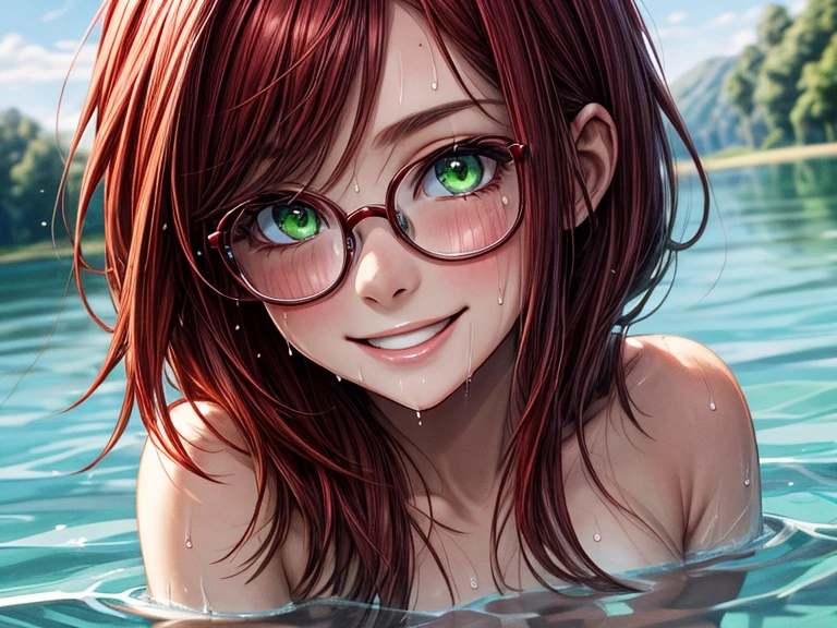  close-up , face. Short,  red hair ,  green eyes ,  metal-framed glasses , naked, wet, smiling girl in lake water.