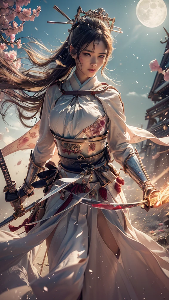 {best quality}, {very aesthetic}, {ultra-detailed}, nsfw、((from above, upper body, looking down)) 、((intense angle))、A sexy female character wearing white and milky armor as a warrior from the Sengoku period、It sticks out a huge, specially shaped, shining ice spear、((holding large bloody scythe))、((realistic))、((drill hair))、((Silver gray hair ))、((toned body))、(glistening skin)、 toned body、((huge breasts))、((side boob))、Big Breasts、 plump thighs、 white cream armor with a flower pattern engraved with a Tsukishita beauty flower pattern 、((side boob))、(  wearing a cloak with a flower pattern by Tsukishita beauty )、(shrine maiden clothes)、(rah-rah skirt)、White milky shin guard with beautiful flowers engraved on it 、White-milky high-leg underwear 、 pink tights that make you have huge breasts、 absolute domain、((holding with a spear))、Holding a gun、Dramatic lighting、((Moonlight at night))、Queen of the Night、(( Tsukishita beauty's flowers are dancing ))、(( flowers blooming in full bloom in the background ))、(( large Tsukishita beauty flowers blooming in full bloom on the front ))、 cinema-like scene 、 Max Image、 Ultra High Definition、8k、masterpiece、crisp quality、